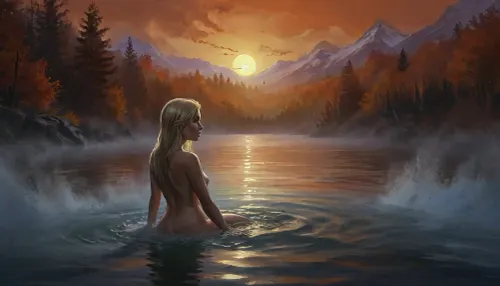 (Vex from Skyrim, naked, mature 35 year old, scandinavian, long blonde hair, very small breasts, skinny body), (bathing pose in a big lake, hands behind head, watery body, breasts not visible, autumn, orange sunset), (close back view above waist, looking away face not visible), (artwork, digital painting, fantasy art, loading screen art style), <lora:SumTim:.1>, <lora:J_cartoon:.1>, <lora:Sinister_Style_SDXL:.1>, <lora:EnvyAnimeDigitalPaintingXL01:.1>