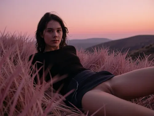 Fine art cinematic, Gregory Crewdson aesthetic, staged and precisely observed, Kodak Portra 800, subtle grain, deep dusk palette, shallow depth of field.

Close-up, A very yyoung girl, she looks at viewer, a focus on her pussy, reclines, dark tousled hair moving slightly in the wind, short dark skirt, completely still, she is silhouette dark against the burning dusk sky.

Tall pink and rose-tinted grass filling the foreground, soft and blurred close to the camera, sharp at mid distance, rolling hills dissolving into the dusky horizon behind him, the sky a gradient of deep rose, dusty pink and grey purple, no sun visible, just the aftermath of it.

She is the darkest element in an entirely warm pink scene, rose grass, pink sky, grey hills, the grass soft and close in the foreground, the vast dusk sky the emotional weight of the image, solitary and interior, waiting for something or having just missed it.