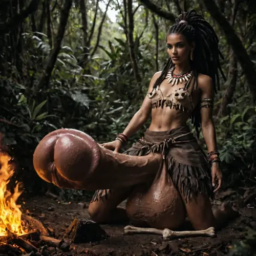 closeup view from drone, Tribal futanari cavewoman with realistic blue eyes, at very dark night in a small dark shelter, her long slender bodyshape, she is cooking steamy soup, her legs wide open crouched pose, near a small campfire, (turning to viewer while cooking in a small pod on the flames of the small firepit, her very long penis reflects the light of the fire), detailed barefoot, (her very long primal-penis hangs down as she holds her testicles in both hands), flat chest, very broad shoulders, extremly narrow waist, very long torso, (curious smile and blue eyes), giant extremly massive penis-bulge, huge futa-penis, flaccid futa-cock, (enlarged giant testicles, four testicles lowered to the ground, under primal-skirt), dark brown skintone, visible pubes, oiled dreadlocks, moonless jungle. bone bra, sharp focus, Tribal, beaded, necklace, bone, earrings, bracelets, bangles, Fur, Lined, Crop, Top, Skirt, Loin, Cloth, low-lit dark night at jungle, only the fire casts warm very low-light, <lora:Anime_Jungle_Tribal_Style:.5>, <lora:dark:.5>, <lora:DARKHUMAN:.5>