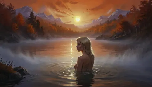 (Vex from Skyrim, naked, mature 30 year old, scandinavian, long blonde hair, very small breasts, skinny body), (bathing pose in a big lake, hands behind head, watery body, breasts not visible, autumn, orange sunset), (close back view above waist, looking away face not visible), (artwork, digital painting, fantasy art, loading screen art style), <lora:SumTim:.1>, <lora:J_cartoon:.1>, <lora:Sinister_Style_SDXL:.1>, <lora:EnvyAnimeDigitalPaintingXL01:.1>