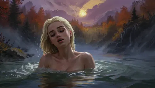(Vex from Skyrim, naked, 30 year old, scandinavian, pale skin, long wet blonde hair, eyes closed, very small breasts), (bathing pose in a big lake, autumn, sunset), (hands on head, washing hair), (closeup portrait view, breasts under water, nipples not visible), (artwork, digital painting, fantasy art, loading screen art style), <lora:SumTim:.1>, <lora:J_cartoon:.1>, <lora:Sinister_Style_SDXL:.1>, <lora:EnvyAnimeDigitalPaintingXL01:.1>