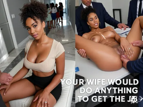 8k UHD, Picture divided in two parts, right part bigger.
On the left part of the picture, high angle professional photoshot. A 25 years old ultra black skin afro girlfriend with innocent face is sitting holding tighten her thighs on a white leather couch. The scene takes place in an indoor corridor with marble on thé floor and empty grey walls. brunette afro hair, ultra black skin girlfriend, afro nose, Big clear green eyes, large gold hoop earrings, curvy body, big natural tits. She's wearing a beige top and a short black skirt. Pussy barely visible. Wedding ring with a diamond on her ring finger. The secretary and the viewer are handshaking each other. Daytime, sunlight is sparkling the scene. In background, blurred crowd of beautiful women with office clothes who are waiting in the corridor.
On the right part of the picture, from above, POV, same ultra black skin afro girlfriend, same face, same body, same hair, same clothes, topless. Inside an office. Men around her. gangbang, She's lying on her back on a desk, holding her thighs, getting fucked in the ass in missionary position by a thick 18 inches veiny penis, girlsfiend ass fucked, wet penis, other two men standing with penis close to girlfriend face. She's streaming, some shot of white cum on her face and boobs., (((same ultra black skin afro girlfriend in both pictures))), .
Big text on the lower part of the picture "YOUR WIFE WOULD DO ANYTHING TO GET THE JOB".