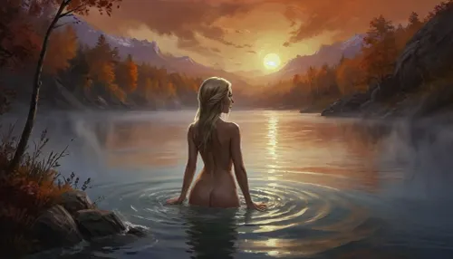 (Vex from Skyrim, naked, mature 30 year old, scandinavian, long blonde hair, very small breasts, skinny body), (bathing pose in a big lake, hands behind head, watery body, breasts not visible, autumn, orange sunset), (close rear view, back view above waist, view from behind, looking away face not visible), (artwork, digital painting, fantasy art, loading screen art style), <lora:SumTim:.1>, <lora:J_cartoon:.1>, <lora:Sinister_Style_SDXL:.1>, <lora:EnvyAnimeDigitalPaintingXL01:.1>