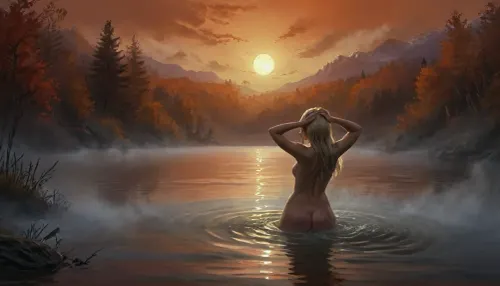 (Vex from skyrim, naked, mature 30 year old, scandinavian, long blonde hair, very small breasts, skinny body), (bathing pose in a big lake, hands behind head, watery body, breasts not visible, autumn, orange sunset), (rear view, back view, view from behind, looking away face not visible), (artwork, digital painting, fantasy art, loading screen art style), <lora:SumTim:.1>, <lora:J_cartoon:.1>, <lora:Sinister_Style_SDXL:.1>, <lora:EnvyAnimeDigitalPaintingXL01:.1>