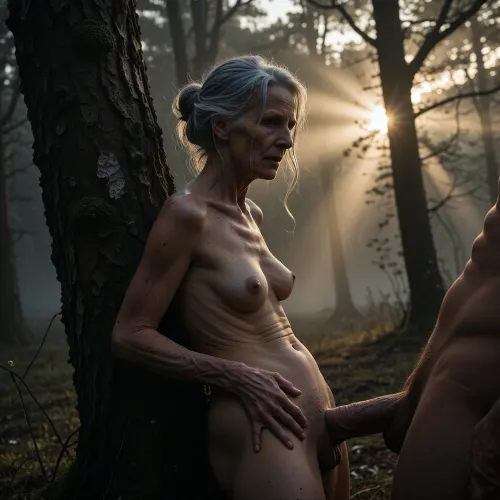 (an aged woman, 70 years old:1.8), . Her skin is that of a 70-year-old woman. The old lady has grey hair, (Small, long, and very saggy breasts:1.8), ((very detailed skin)), . Hair cut in a bob is lying on her back in an open field, medium tits, slender, Side full body view. touching clit, getting roughly raped by male pornstar. Looking at the viewer

A moody, atmospheric forest scene at twilight or dawn, dense fog and mist permeating the woods, thick dark silhouettes of bare tree trunks in the foreground, glowing warm sunlight breaking through the haze in the background creating dramatic god rays and volumetric lighting, ethereal and mysterious atmosphere, cinematic composition, high contrast, deep shadows, dark moody color palette with warm golden light highlights, detailed bark textures, cinematic photography, 8k, hyperrealistic.