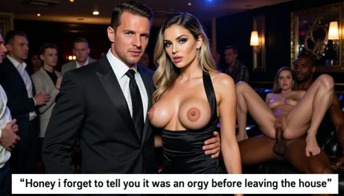 score_9, score_8_up, score_7_up, ultra-realistic photo of a handsome elegant man in his 30s wearing a perfectly tailored black evening suit with a white shirt and black tie, standing closely next to a stunning 33-year-old woman with goddess-like body in a luxurious swingers club. The man is holding the woman by the waist with his arm around her.
The woman has long blonde hair with dark roots, glamorous makeup and a seductive expression. She is wearing a tight black halter dress with an extremely deep plunging neckline that showcases her wide-set splaying outward 34H+ heavy massive breasts with severe breast ptosis, oversized large dark areolae and pierced nipples.
Both are looking at the camera with confident and sensual expressions.
In the background of the dimly lit swingers club, several people are watching. Clearly visible behind them, a naked couple is having sex, a woman lying on her back with her legs spread wide and a muscular Black man on top of her, penetrating her.
Luxurious club atmosphere with warm lighting, photorealistic, highly detailed skin and clothing texture, 8k, perfect body, perfect hands, perfect 5 fingers, perfect legs, perfect feet, perfect face, perfect mouth, perfect eyes, generate 4k detailed picture, high res, improve rendering quality and accuracy, ultra-realistic with high detail, high detail, maximum resolution, best photo quality, TTSR2, enhancement improve anatomy, improve generation quality, improve detailed image quality, sharp image, lifelike texture, NSFW picture. Big white text box at bottom reading, " Big white text box at top reading, " Honey i forgot to tell you it was an orgy before leaving the house "