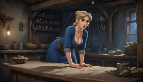 (Haelga from Skyrim, mature 50 year old, scandinavian, blonde medium hair ponytail, small breasts, seductive face), (inside medieval wooden shop without windows), (medieval blue dress), (standing behind a long wide wooden counter, bending down towards counter), closeup front view, (artwork, digital painting, fantasy art, loading screen art style), <lora:SumTim:.1>, <lora:J_cartoon:.1>, <lora:Sinister_Style_SDXL:.1>