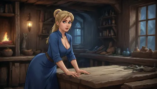 (Haelga from Skyrim, mature 50 year old, scandinavian, blonde medium hair ponytail, small breasts, seductive face), (inside medieval wooden shop without windows), (medieval blue dress), (standing behind a long wide wooden counter, bending down towards counter), closeup front view, (artwork, digital painting, fantasy art, loading screen art style), <lora:SumTim:.1>, <lora:J_cartoon:.1>, <lora:Sinister_Style_SDXL:.1>