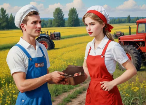 ((soviet propaganda poster style, bright solid colors, minimal detail, no color gradient, old anime style, low details)), in kolkhoz fields, in front of old tractor, hard body russian village girl, about 20 year old, short flower print sundress, white kerchief on head, talking to man who wears cap and overalls