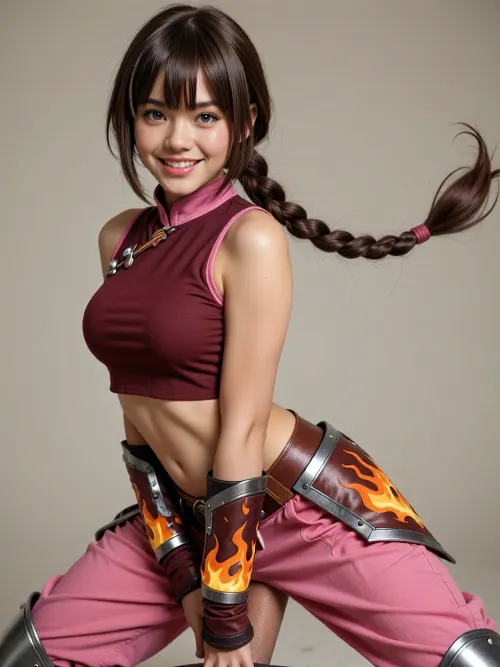 Masterpiece, best quality, photorealistic, Ty Lee, (Avatar The Last Airbender), She is a cheerful east asian girl with a round face, large expressive grey eyes, and a bright smile. Her brown hair is styled into straight bangs and a single, very long braided ponytail. She is wearing her iconic dark red crop top, matching pink harem pants, armor fire nation aesthetic, a pink collar, and matching wrist cuffs. Dynamic acrobat pose, provocative preparing for penetration in ass, fluid motion.