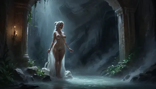 (white marble statue of goddess dibella, no nipples), (tall thick white marble water tendrils coming upwards from the ground and sprouting around her legs, covering her crotch), inside underground stone bathouse, (artwork, digital painting, fantasy art, loading screen art style), <lora:SumTim:.1>, <lora:J_cartoon:.2>, <lora:Sinister_Style_SDXL:.1>, <lora:EnvyAnimeDigitalPaintingXL01:.1>