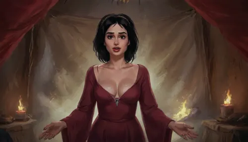 (one woman, french, mature 40 year old, black medium hair, small breasts, head circlet, sensual smile), (standing inside enclosed medieval brown war tent), (wearing burgundy medieval dress, open cleavage pulled down exposings breasts with hands, squeezing breasts), close view above waist, (artwork, digital painting, fantasy art, loading screen art style), <lora:SumTim:.1>, <lora:J_cartoon:.1>, <lora:Sinister_Style_SDXL:.1>, <lora:EnvyAnimeDigitalPaintingXL01:.1>