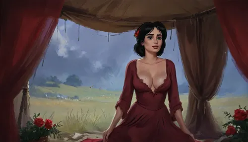 (one woman, french, mature 45 year old, black medium hair, small breasts, flower wreath, sensual smirk), (standing inside enclosed medieval brown war tent), (wearing burgundy medieval dress, open cleavage pulled down exposing breasts, grabbing breasts with hands), daytime, grasslands, close view above waist, (artwork, digital painting, fantasy art, loading screen art style), <lora:SumTim:.1>, <lora:J_cartoon:.1>, <lora:Sinister_Style_SDXL:.1>, <lora:EnvyAnimeDigitalPaintingXL01:.1>