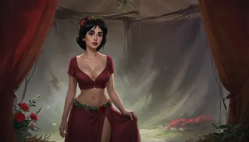 (one woman, french, mature 45 year old, black medium hair, small breasts, flower wreath, sensual smirk), (standing inside enclosed medieval brown war tent), (wearing burgundy medieval dress, open cleavage pulled down exposing breasts, grabbing breasts with hands), daytime, grasslands, close view above waist, (artwork, digital painting, fantasy art, loading screen art style), <lora:SumTim:.1>, <lora:J_cartoon:.1>, <lora:Sinister_Style_SDXL:.1>, <lora:EnvyAnimeDigitalPaintingXL01:.1>