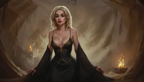 (one woman, yellow skin, mature 40 year old, golden hair, very small breasts, sleepy eyes. seductive smirk), (standing inside enclosed medieval beige war tent), (wearing dark medieval ornamental dress, open cleavage pulled down exposings breasts with hands), close view above waist, (artwork, digital painting, fantasy art, loading screen art style), <lora:SumTim:.1>, <lora:J_cartoon:.1>, <lora:Sinister_Style_SDXL:.1>, <lora:EnvyAnimeDigitalPaintingXL01:.1>