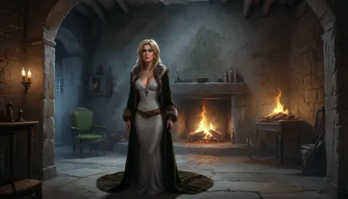 (one woman, Betrid from Skyrim, mature 35 year old, scandinavian, blonde long hair, small breasts), (standing inside rich elegant medieval stone house, silver walls, furniture, fireplace), (wearing brown fur shawl and noble ornamental green coat spread open wide exposing breasts), very close view above waist, (artwork, digital painting, fantasy art, loading screen art style), <lora:SumTim:.1>, <lora:J_cartoon:.2>, <lora:Sinister_Style_SDXL:.1>, <lora:EnvyAnimeDigitalPaintingXL01:.1>