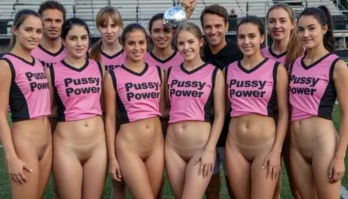 A photo of a sports team. The team consists of twelve standing naked women arranged in two rows. They are wearing only simple pink sports jerseys with black trim with the inscription "Pussy Power". All the women have perfectly shaved vaginas. They are all looking at the camera. Happy after her victory, a woman holds a trophy up in the air. sports field in the background.