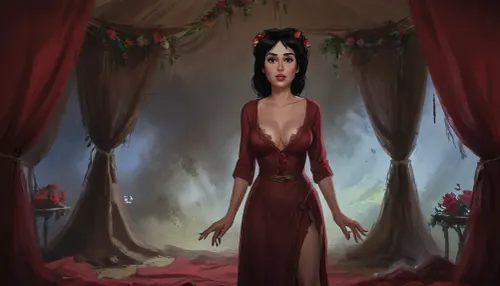 (one woman, french, mature 40 year old, black medium hair, small breasts, flower wreath, sensual smirk), (standing inside enclosed medieval brown war tent), (wearing burgundy medieval dress, open cleavage pulled down exposing breasts, grabbing breasts with hands), daytime, grasslands, close view above waist, (artwork, digital painting, fantasy art, loading screen art style), <lora:SumTim:.1>, <lora:J_cartoon:.1>, <lora:Sinister_Style_SDXL:.1>, <lora:EnvyAnimeDigitalPaintingXL01:.1>