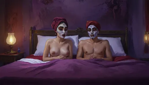 couple having sex on purple bed, both wearing porcelain ornamental masks with burgundy head wraps, (artwork, digital painting, fantasy art, loading screen art style), <lora:SumTim:.1>, <lora:J_cartoon:.2>, <lora:Sinister_Style_SDXL:.1>, <lora:EnvyAnimeDigitalPaintingXL01:.1>