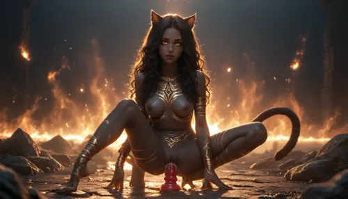 Sexy black female catgirl, heaven, solo catgirl, The catgirl has glowing red eyes, glowing war paint, flame, fire, (((the catgirl has Deep Black skin with Gold stripes.))), (The catgirl has long different hair colors on the left and right sides.), catgirl Has long curly hair, nude, with a wide open pussy, The catgirl fucks a dildo, (The catgirl has many large bright white tattoos.), full body view, The catgirl cum and squirting from her pussy, uncensored, catgirl, <lora:catgirl:1>, <lora:HV_orientation_Rainbow_Lips:.8>