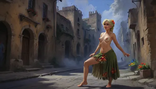 (one adult woman, mature 50 year old, blonde, small breasts, naked torso, flower on head, long flower skirt), hands on hips, dancing hula on the street, old medieval city with walls, morning, very close view above waist, (artwork, digital painting, fantasy art, loading screen art style), <lora:SumTim:.1>, <lora:J_cartoon:.1>, <lora:Sinister_Style_SDXL:.1>, <lora:EnvyAnimeDigitalPaintingXL01:.1>
