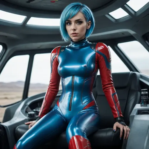 masterpiece, ultrarealistic, epic details, 8k, uhd, cute, 24yo, mid cyborg body, sexy, blue hairs, futuristic haircut, (unseen face), realistic body, black eyes, red latex outfit, long black boots, silver collar, tall, upset face, driving spaceship