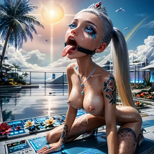 outdoors, (white shore ocean of paradise island:1.4), (very high in sky:1.5), (high-angle side view:1.3), (narrow innocent looking face:1.8), (very beautiful perfect face:1.7), (young low girl with fake implanted spherical big breasts:1.6), (on knees and elbows:1.7), (upper body forward down:1.5), (perfect:1.5), (wide very skinny very flat ass up a little:1.5), (small very beautiful petite woman:1.5), (21 years old Ukrainian model cutie:1.4), (sweaty:1.1), ((short stature slender fit body:1.7)), ((small thin waist:1.7)), ((very large distance between legs:1.7)), (very low pelvic:1.4), (wide shoulders:1.7), (very short throat:1.6), (very shapely legs very spread apart:1.7), (nipple ring piercings:1.3), ((detailed perfect dark-blue eyes:1.7)), (perfect lips), (silver electronic wide mouth spreader ring gag:1.7), ((wide light tongue out down:1.7)), ((round tongue's end:1.6)), (wide open big mouth up:1.7), (light blonde with rainbow smooth silky hair ponytail:1.5), ((very large distance between rounded large spherical breasts:1.7)), (tan fair oiled skin:1.5), thin beautiful eyebrows, (very gorgeous:1.5), (sexy:1.4), (satisfied:1.6), (big silver necklace:1.4), (tattooed body:1.4), (color tattoo:1.3), (seductive sexy makeup:1.5), (long black eyelashes:1.4), lipstick, (stunning:1.3), (dimples:1.4), (tiara with diamonds on head:1.3), (silver thigh louboutins:1.3), (heels:1.3), (pink fishnet stockings:1.2), (sunbathing mat:1.3), (beautiful lawn with low flowers:1.3), (palm trees:1.1), (bright day with sun:1.3), (masterpiece:1.5), <lora:Microwaist_XL_v01:2>