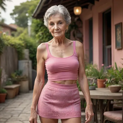 75 year old, granny, wearing a pink crop top, wearing a micro mini skirt, <lora:Very_Hairy_Women:1.8>