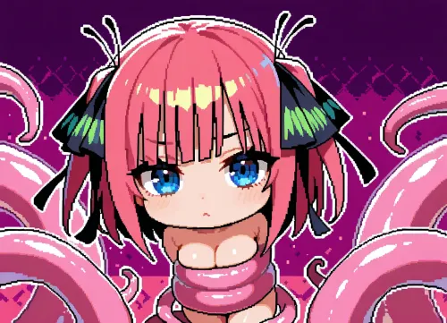 Cute, pixel art, 16 bit art, nude, tentacle sarcophagi, pink tentacles, Nino Nakano, chibi stle