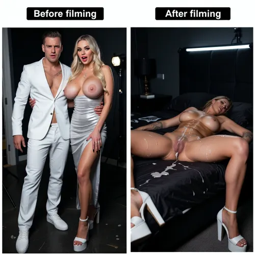 score_9, score_8_up, score_7_up, (same 33yo woman with long blonde hair, two pictures), on left picture, on top is a black text box reading "Before filming", show an extremely sexy and erotic scene of a husband in a very stylish white suit walking together to bringing his hotwife to a professional porn film set, the husband looks shocked and confused, he still does not understand why he said yes, the wife has long blonde hair, heavy red makeup, long black nails, she is very cheerful and highly aroused at the idea of getting all her holes destroyed, she wears a long tight silver evening dress which covers her 34H+ huge heavy and massive breasts, white high-heeles platform shoes, her hand wrapped around her husband's arm, the room is completely pitch-dark and only lit by professional LED lights from a porn shoot, intense erotic atmosphere. Now on right picture, on top is a black text box reading "After filming", only the same woman lying sleeping exhausted and cum covered on a bed of the pitch-black room always illuminated by professional LED lights with her very huge heavy massive breasts, only show pussy and legs, her legs are very wide open, her arms are spreaded from the bed of the pitch-black room, her pussy is leaking huge loads of cum, cum boobs and her stomach, her head is tilted back to her neck, her head tilts downwards from the bed of the pitch-black room, after orgy, her extremely dilated pussy is full of cum, her micro high-cut thongg is pulled down to her right ankle, white high-heeles platform shoes always on, (woman with wide-set splaying outward 34H+ heavy massive breasts), oversized large dark areolae and severe breast ptosis, pierced nipples, pierced navel, pierced clitoris, perfect body, perfect hands, perfect 5 fingers, perfect legs, perfect feet, perfect face, perfect mouth, perfect eyes, generate 8k detailed picture, high res, TTSR2, enhancement, improve rendering quality and accuracy, ultra-realistic with high detail, high detail, maximum resolution, best photo quality, improve anatomy, improve generation quality, Djaissy, improve detailed image quality, sharp image, lifelike texture, NSFW picture
