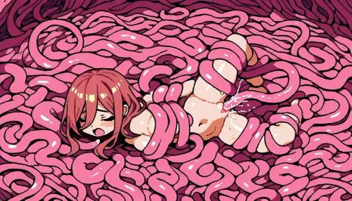 Cute, pixel art, 16 bit art, nude, tentacle sarcophagi, pink tentacles, 2 girls, tentacle floor, Nino Nakano, Miku Nakano, chibi style, tied tentacles, above view, vaginal tentacles, white background, tied arms, tied legs, moaning, close view