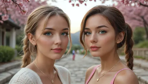 close-up, Two slim, highly attractive 25-year-old women, natural 34B bust, random dynamic poses, full body, biopunk gamer girl aesthetic. Both have flawless oval faces with high cheekbones, smooth jawlines, perfectly symmetrical large almond-shaped eyes, long thick dark eyelashes, defined arched eyebrows, straight delicate noses, full rosy lips with defined cupid's bow, flawless porcelain skin with soft blush, subtle natural makeup, glossy lips, catchlights in eyes, realistic iris texture. Woman 1, 25-year-old biopunk gamer girl, gradient pink hair in twin pigtails, subtle glowing cybernetic implants along collarbone, wearing a cropped pastel-pink knit cardigan over a white lace bralette, high-waisted cream pleated mini skirt, white thigh-high socks, pink sneakers. Woman 2, light brown hair in a single braid, faint bioluminescent circuit tattoos on arms, wearing an off-shoulder sage-green linen blouse with ruffled sleeves, fitted beige tailored shorts, brown leather ankle boots, delicate gold necklace. Setting, breathtaking scenic location, blooming cherry blossom garden with stone pathway, golden hour sunlight, soft bokeh, petals drifting in air, distant mountains and turquoise lake, subtle biopunk tech elements. Photorealistic, cinematic lighting, ultra-detailed clothing textures and faces, visible skin pores, individual eyelashes, sharp facial focus, 8K, shallow depth of field, fashion editorial style, natural skin tones, elegant composition., but, <lora:BUT_SDXL_SHS:1.7>, <lora:attractive_notrigger:1.2>