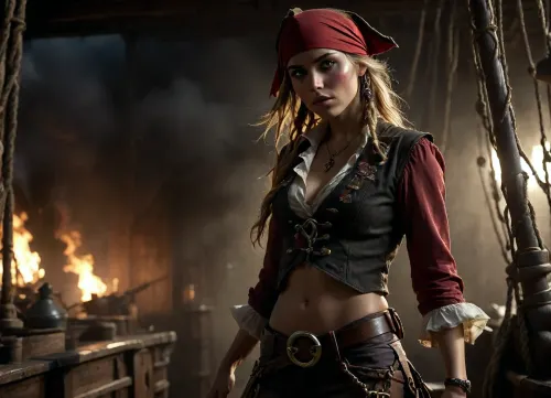 14 century, sunset, full body view of a solo beautiful 19 years old flat-chested slender female pirate being on pirate sailing ship, ((no close up:1.2)), (working on wooden pirate sailing ship:1.6), (she has dirty blonde dreadlocks, wears highly detailed typical pirate clothing from the 14th century, a red headscarf and a big piratehat, open dirty cotton shirt, red vest with embroidery, coarse brown rolled-up trousers), bare midriff, brown leather belt with a large buckle, knife in the belt, brown leather boots, large earrings, necklace, full-body tattoos, black storm clouds, surprised, she looks up at a huge round and illuminated spaceship, (highly detailed Spaceship:1), surreal situation, photorealistic, <lora:Super_Eye_Detailer_By_Stable_Yogi_SDPD0:.3>, <lora:BUT_SDXL_SHS:1>, <lora:dark:.8>