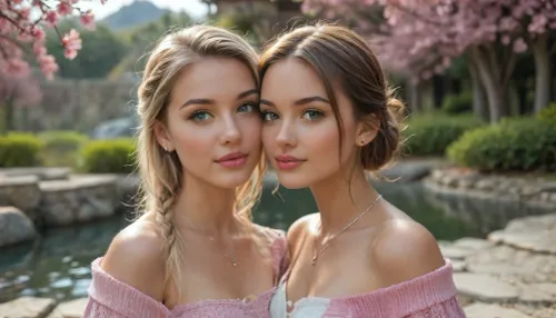 close-up, Two slim, highly attractive 25-year-old women, natural 34B bust, random dynamic poses, full body, biopunk gamer girl aesthetic. Both have flawless oval faces with high cheekbones, smooth jawlines, perfectly symmetrical large almond-shaped eyes, long thick dark eyelashes, defined arched eyebrows, straight delicate noses, full rosy lips with defined cupid's bow, flawless porcelain skin with soft blush, subtle natural makeup, glossy lips, catchlights in eyes, realistic iris texture. Woman 1, 25-year-old biopunk gamer girl, gradient pink hair in twin pigtails, subtle glowing cybernetic implants along collarbone, wearing a cropped pastel-pink knit cardigan over a white lace bralette, high-waisted cream pleated mini skirt, white thigh-high socks, pink sneakers. Woman 2, light brown hair in a single braid, faint bioluminescent circuit tattoos on arms, wearing an off-shoulder sage-green linen blouse with ruffled sleeves, fitted beige tailored shorts, brown leather ankle boots, delicate gold necklace. Setting, breathtaking scenic location, blooming cherry blossom garden with stone pathway, golden hour sunlight, soft bokeh, petals drifting in air, distant mountains and turquoise lake, subtle biopunk tech elements. Photorealistic, cinematic lighting, ultra-detailed clothing textures and faces, visible skin pores, individual eyelashes, sharp facial focus, 8K, shallow depth of field, fashion editorial style, natural skin tones, elegant composition., but, <lora:BUT_SDXL_SHS:1.7>, <lora:attractive_notrigger:1.2>
