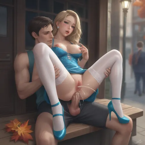 Cinematic photorealism, exquisite detail, 8K resolution. A passionate, mature woman in a state of ecstatic surrender, half-lidded eyes, skin glistening with sweat, heavy breathing, the tip of her tongue darting out, flushed cheeks, swaying pearl earrings, and blonde hair clinging to her neck in damp, glossy strands. A pale blue satin dress with dark blue floral embroidery gleams against her sweat-dampened body, the hem flutters, brushing against men's thighs. One dress strap has slipped down, revealing a breast with a large, erect nipple. Blue high-heeled shoes, the straps glisten with sweat. She wears white satin stockings with lace-trimmed tops. The woman is straddling a man, (anal penetration), he holds her buttocks and thrusts deeply, (vaginal and anal sex), rhythmic movements alternate with ejaculation onto her body, a bus hums in the distance. A street bathed in the autumn "golden hour, " dappled light filtering through the foliage, café chairs supporting their bodies, streetlamps casting a warm glow. An avalanche of sensations, sweat-glistening skin, radiant satin, the rustle of autumn leaves, golden light, and the city's muffled sounds merging with the rhythm of a heartbeat. Passersby look on with interest. Nearby, a woman leans against a wall, masturbating as she watches the couple having sex. Hyper-realism, volumetric lighting, shallow depth of field, film grain effect.