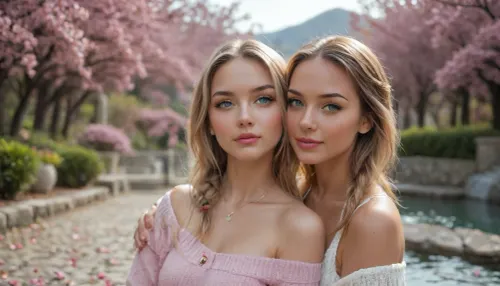 close-up, Two slim, highly attractive 25-year-old women, natural 34B bust, random dynamic poses, full body, biopunk gamer girl aesthetic. Both have flawless oval faces with high cheekbones, smooth jawlines, perfectly symmetrical large almond-shaped eyes, long thick dark eyelashes, defined arched eyebrows, straight delicate noses, full rosy lips with defined cupid's bow, flawless porcelain skin with soft blush, subtle natural makeup, glossy lips, catchlights in eyes, realistic iris texture. Woman 1, 25-year-old biopunk gamer girl, gradient pink hair in twin pigtails, subtle glowing cybernetic implants along collarbone, wearing a cropped pastel-pink knit cardigan over a white lace bralette, high-waisted cream pleated mini skirt, white thigh-high socks, pink sneakers. Woman 2, light brown hair in a single braid, faint bioluminescent circuit tattoos on arms, wearing an off-shoulder sage-green linen blouse with ruffled sleeves, fitted beige tailored shorts, brown leather ankle boots, delicate gold necklace. Setting, breathtaking scenic location, blooming cherry blossom garden with stone pathway, golden hour sunlight, soft bokeh, petals drifting in air, distant mountains and turquoise lake, subtle biopunk tech elements. Photorealistic, cinematic lighting, ultra-detailed clothing textures and faces, visible skin pores, individual eyelashes, sharp facial focus, 8K, shallow depth of field, fashion editorial style, natural skin tones, elegant composition., but, <lora:BUT_SDXL_SHS:1.7>, <lora:attractive_notrigger:1.2>