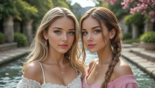 close-up, Two slim, highly attractive 25-year-old women, natural 34B bust, random dynamic poses, full body, biopunk gamer girl aesthetic. Both have flawless oval faces with high cheekbones, smooth jawlines, perfectly symmetrical large almond-shaped eyes, long thick dark eyelashes, defined arched eyebrows, straight delicate noses, full rosy lips with defined cupid's bow, flawless porcelain skin with soft blush, subtle natural makeup, glossy lips, catchlights in eyes, realistic iris texture. Woman 1, 25-year-old biopunk gamer girl, gradient pink hair in twin pigtails, subtle glowing cybernetic implants along collarbone, wearing a cropped pastel-pink knit cardigan over a white lace bralette, high-waisted cream pleated mini skirt, white thigh-high socks, pink sneakers. Woman 2, light brown hair in a single braid, faint bioluminescent circuit tattoos on arms, wearing an off-shoulder sage-green linen blouse with ruffled sleeves, fitted beige tailored shorts, brown leather ankle boots, delicate gold necklace. Setting, breathtaking scenic location, blooming cherry blossom garden with stone pathway, golden hour sunlight, soft bokeh, petals drifting in air, distant mountains and turquoise lake, subtle biopunk tech elements. Photorealistic, cinematic lighting, ultra-detailed clothing textures and faces, visible skin pores, individual eyelashes, sharp facial focus, 8K, shallow depth of field, fashion editorial style, natural skin tones, elegant composition., but, <lora:BUT_SDXL_SHS:1.7>, <lora:attractive_notrigger:1.2>