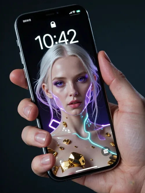 Product photo, A professional close-up macro photograph captured with a DSLR camera using an 85mm prime lens. The central subject is a human hand with anatomically perfect five fingers securely holding a modern sleek smartphone at a slight angle. The phone's large frameless screen is lit up with incredible brightness, explicitly displaying a highly realistic functioning smartphone lock-screen interface overlay. At the very top of the screen display, there is a realistic digital status bar and clock табло showing clear glowing white digital time numbers, (like 10:42), a tiny battery percentage icon, a Wi-Fi signal icon, and network bars, exactly as on a real phone screen. The wallpaper art inside the display features a striking 25-year-old albino woman with flowing silver hair and large deep violet eyes. Her translucent silhouette on the screen executes a double exposure technique with glowing neon purple, vibrant electric cyan, and liquid gold chunks applied onto her body. The hand and the phone's metallic edges are in sharp focus against a dark, moody minimalist background. Maximum macro texture of the glass, best quality, realistic photography style.