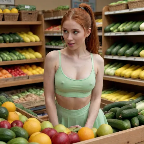 4k, high details picure, high details on face, perfect eyes, slender 25yo woman, working as fruit seller, medium chest, redhead hairs, ponytail, tight light green skirt, bending down, looking down at cucumbers and drooling, on a fruit shop, no, bra, covered, nipples, <lora:nobrav1_SDXL:.8>