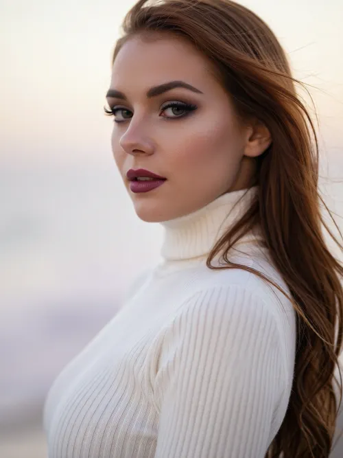 An intimate portrait of a beautiful woman with an ethereal, soft-focus aesthetic, defined by diffused light. She wears a snug luxurious ivory white turtleneck sweater flatteringly hugging her slender waist.

Long feathery eyelashes with thick winged eyeliner frame her deep green eyes.
Her dark smokey eye shadow matches the rich purple hues of the deep sunset.
Her soft lips are a dark matte plum. She has high sharp elegant cheekbones and flawless radiant skin.
Her long luxurious redhead hair blows softly in the wind. Red lipstick The scene is enveloped in a powerful but diffused golden-hour glow which creates a luminous light bloom on her skin, dissolving sharp edges in an ethereal haze. The background is a very blurred, dreamlike pastoral pastel lavender-gray coastal sky, soft and bright. Soft focus on her eyes.
The overall mood is an serene contemplation. Shallow depth of field, subtle film grain, light leaks, vintage analog lens. This is a high-key photograph.
The subject is anchored to the right side of the image, using the rule-of-thirds compositional technique.
The image captures extreme realistic details including sharp limbal rings and fine vellus hairs.