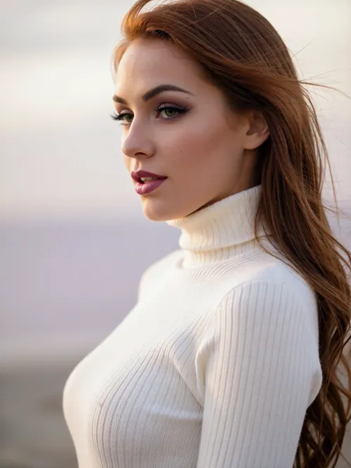 An intimate portrait of a beautiful woman with an ethereal, soft-focus aesthetic, defined by diffused light. She wears a snug luxurious ivory white turtleneck sweater flatteringly hugging her slender waist.

Long feathery eyelashes with thick winged eyeliner frame her deep green eyes.
Her dark smokey eye shadow matches the rich purple hues of the deep sunset.
Her soft lips are a dark matte plum. She has high sharp elegant cheekbones and flawless radiant skin.
Her long luxurious redhead hair blows softly in the wind. Red lipstick The scene is enveloped in a powerful but diffused golden-hour glow which creates a luminous light bloom on her skin, dissolving sharp edges in an ethereal haze. The background is a very blurred, dreamlike pastoral pastel lavender-gray coastal sky, soft and bright. Soft focus on her eyes.
The overall mood is an serene contemplation. Shallow depth of field, subtle film grain, light leaks, vintage analog lens. This is a high-key photograph.
The subject is anchored to the right side of the image, using the rule-of-thirds compositional technique.
The image captures extreme realistic details including sharp limbal rings and fine vellus hairs.
