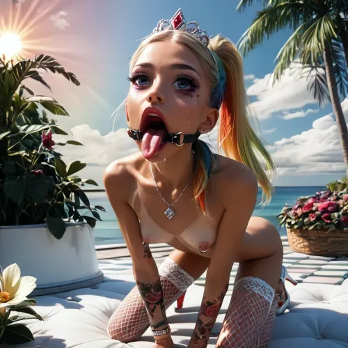 outdoors, (white shore ocean of paradise island:1.4), (floating in the clouds:1.5), (high-angle side view:1.3), (narrow innocent looking face:1.8), (very beautiful perfect face:1.7), (young low girl with fake implanted spherical breasts:1.6), (kneeling leaning forward:1.7), (upper body forward down:1.5), ((her hands puts on throat:1.6)), ((her hands around throat:1.6)), (perfect:1.5), (very wide skinny very flat ass up:1.6), (small very beautiful petite woman:1.5), (21 years old Ukrainian model cutie:1.4), (sweaty:1.1), ((short stature slender fit skinny body:1.7)), ((small thin waist:1.7)), ((very large distance between legs:1.7)), (very low pelvic:1.4), (wide shoulders:1.7), (very short throat:1.6), (very shapely legs very spread apart:1.7), (nipple ring piercings:1.3), ((detailed perfect eyes:1.7)), (large dark pupils:1.5), (perfect lips), (light wide mouth spreader ring gag:1.7), (big mouth:1.3), (very thin lips:1.5), ((very wide thin light tongue down:1.7)), ((round tongue's end:1.6)), (wide open big mouth:1.7), (glowing light blonde with rainbow smooth silky hair ponytail:1.5), (small flat breasts:1.7), (tan fair skin:1.5), thin beautiful eyebrows, (very gorgeous:1.5), (sexy:1.4), (satisfied:1.6), (big silver necklace:1.4), (tattooed body:1.4), (color glowing tattoo:1.4), (seductive sexy makeup:1.5), (long black eyelashes:1.4), lipstick, (stunning:1.3), (dimples:1.4), (tiara with diamonds on head:1.3), (silver thigh louboutins:1.3), (heels:1.3), (oversized silver fishnet stockings with diamonds:1.2), (white sunbathing mat:1.3), (beautiful lawn with low flowers:1.1), (palm trees:1.1), (bright day with sun:1.3), (masterpiece:1.5), <lora:Microwaist_XL_v01:2>