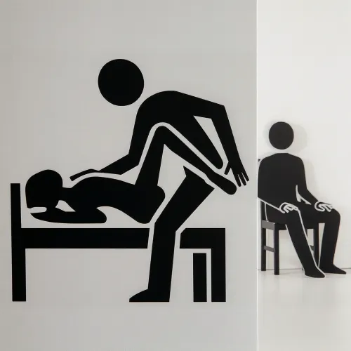 simple black silhouette stick figure style, a man is fucking a woman on a bed, next to them a wall, on the other side of the wall a man figure is sitting on a chair, clean white background, minimalist, clear shapes