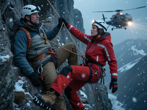 masterpiece photorealistic cinematic mountain rescue photograph, dramatic vertical alpine rock wall in winter twilight, heavy wind driven snowfall, cold blue gray atmosphere, composition built very deliberately, at the extreme upper left edge of the frame and very close to the viewpoint, the injured climber, man, 40 years old, appears only partially visible and slightly out of focus, only his helmeted head, one shoulder, upper chest, part of his insulated technical mountaineering jacket, his harness attachment and his two limp downward hanging arms are seen, he is fully clothed in proper alpine gear, wearing natural toned rescue clothing in muted blue, brown and gray, layered functional thermal clothing, weatherproof mountaineering jacket, gloves, helmet, climbing harness and rope system, absolutely no bare torso, clearly supported by his own climbing ropes and harness, slumped almost horizontally against the wall, visibly exhausted or semi conscious, his distress readable immediately, behind and slightly below him, in sharp focus, the mountain rescue woman, 34 years old, approaches laterally and upward in a classic rappel position, fully professional and completely in control, wearing highly visible red rescue climbing equipment with reflective safety stripes, red technical alpine rescue jacket, red harness details, reflective bands on sleeves and trousers, white rescue helmet with headlamp, radio, carabiners, weatherproof rescue trousers and heavy mountain boots with realistic crampons, her body suspended securely by taut ropes and a descender device, leaning back away from the vertical wall in a true abseiling stance, hips lowered, torso angled outward, both boots firmly planted against the rock face for stability, no icicles hanging under her feet, one hand managing stability and contact with the wall and rope system, the other arm reaching upward toward the injured climber, her expression calm, focused and highly competent, clearly the active rescuer moving in to help, the emergency relationship between both people instantly readable, behind her and deeper in the frame, a mountain rescue helicopter hovers in the storm, slightly soft but clearly recognizable, rotor wash whipping snow into turbulent airborne spindrift, searchlight diffused through haze, steep mountain void falling away behind them, deep blacks, hard cinematic contrast, realistic snow particles, frost on clothing and ropes, strong micro contrast, subtle analog grain, cinematic 35 mm lens, shallow depth of field prioritizing the rescuer, intense storytelling, raw danger, no posing, no glamour, ultra high resolution, flawless composition, absolute realism