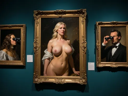 Masterpiece, oil painting on canvas, art gallery interior, three ornate gold frames hanging on dark teal walls, center painting is a voluptuous blonde woman in her 30s, naked, enormous breasts, classic Venus de Milo pose, left painting depicts a Cavalier facing right looking at the centre painting through a pair of binoculars, right painting depicts Abraham Lincoln looking left at the centre painting using binoculars. dramatic Caravaggio chiaroscuro lighting, focused spotlights illuminating each painting from above, deep shadows, rich textures, heavy impasto brushwork, museum atmosphere, hyper-realistic, highly detailed, sharp focus, 8k UHD, cinematic composition, museum lighting.