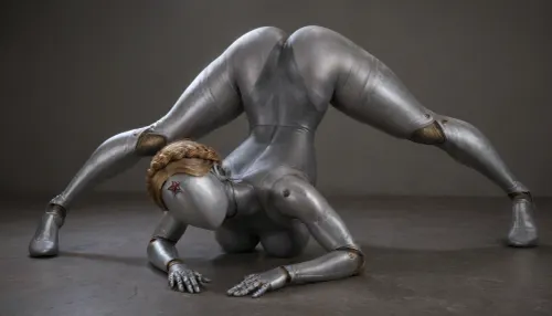 A twin from the game Atomic Heart, posing sexy, caressing her firm silicone breasts, muscular body, long legs, wide hips, athletic build, thin waist, tall, caressing herself, AtomicHeartTwinsCosplay, robot, joints, blond, hair, thighhighs, redstar, on, forehead, bodysuit, thigh, gap, large, breast, reflexion, woman, squat, Jack-O pose, <lora:bombshell_v2:.9>, <lora:AtomicHeartTwinsCosplay_SDXL:2>, <lora:Twins1024:2>, <lora:woman_squat_xl_lora-000031:1.2>