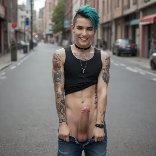 A punk young man with a punk/goth/alternative/e-boy clothing style, including tattoos and piercings, is pulling down his unbuttoned jeans to expose his penis on a public street. He is smirking and laughing playfully. He is wearing a black sleeveless tee and jeans with full sleeve arm tattoos, a punk hairstyle, and facial piercings, penis, laughing, smirking, teasing, flirting, e-boy, punk, boyfriend, twink, <lora:xpenis-1.5e:.8>, tattoo, <lora:TattooSDXL3:.8>, <lora:Adonis_belt:.8>, Holo-Punk, Style, <lora:HoloPunkXL:.8>, <lora:TwinksAnatomyXL_v1.0:.8>