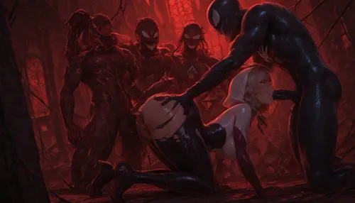 Gwen & Symbiote & Red symbiote sex.
Gwen is a 15 ye4rold, very cute small tits, cute tiny fit ass, very fit curvy body, torn clothes, face looks beat up and bruised from a fight.
Red symbiote is on his knees, has his dick is out, full erection, facing Gwen.
Symbiote is the black version of spiderman, dominant, large muscles, dark and evil looking.
Gwen is on all fours sucking Red symbiote dick.
Symbiote is fucking Gwen from behind, Gwen is sucking Red symbiote., ((full side view, all characters are fully in picture, pussy fuck, dick suck, FMM)), <lora:Spider-Gwen:.8>, Symbiote, Suit, <lora:Symbiote Suit:.8>, spiderman, ps4, spider, web, printing, red, bodysuit, <lora:d0429b4d-4b02-4aad-b9e8-d20d30298f9f (1):.8>