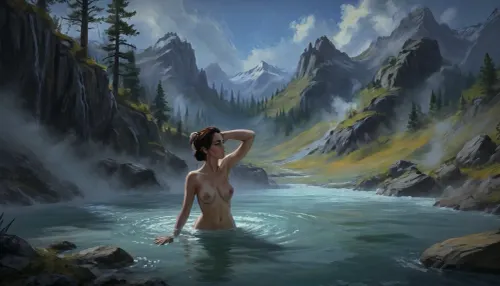 one woman, 40 year old, naked, sexy pose, hands behind head, bathing hot springs sulfur water, (sunny daytime, medieval wilderness, flat terrain, lowlands, skyrim eastmarch), very close view, (artwork, digital painting, fantasy art, loading screen art style), <lora:SumTim:.1>, <lora:J_cartoon:.2>, <lora:Sinister_Style_SDXL:.1>, <lora:EnvyAnimeDigitalPaintingXL01:.1>