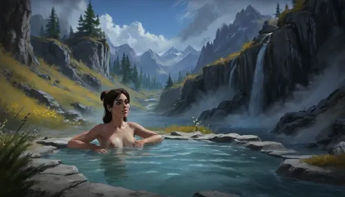 one woman, 40 year old, naked, sexy pose, hands behind head, bathing hot springs sulfur water, (sunny daytime, medieval wilderness, flat terrain, lowlands, skyrim eastmarch), very close view, (artwork, digital painting, fantasy art, loading screen art style), <lora:SumTim:.1>, <lora:J_cartoon:.2>, <lora:Sinister_Style_SDXL:.1>, <lora:EnvyAnimeDigitalPaintingXL01:.1>